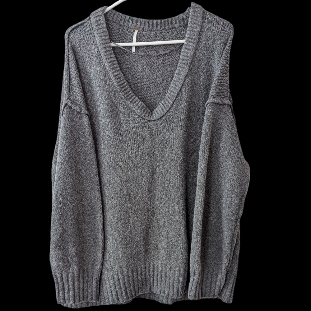 free people women's S grey chunky sweater, V-neck oversized grunge lounge cozy